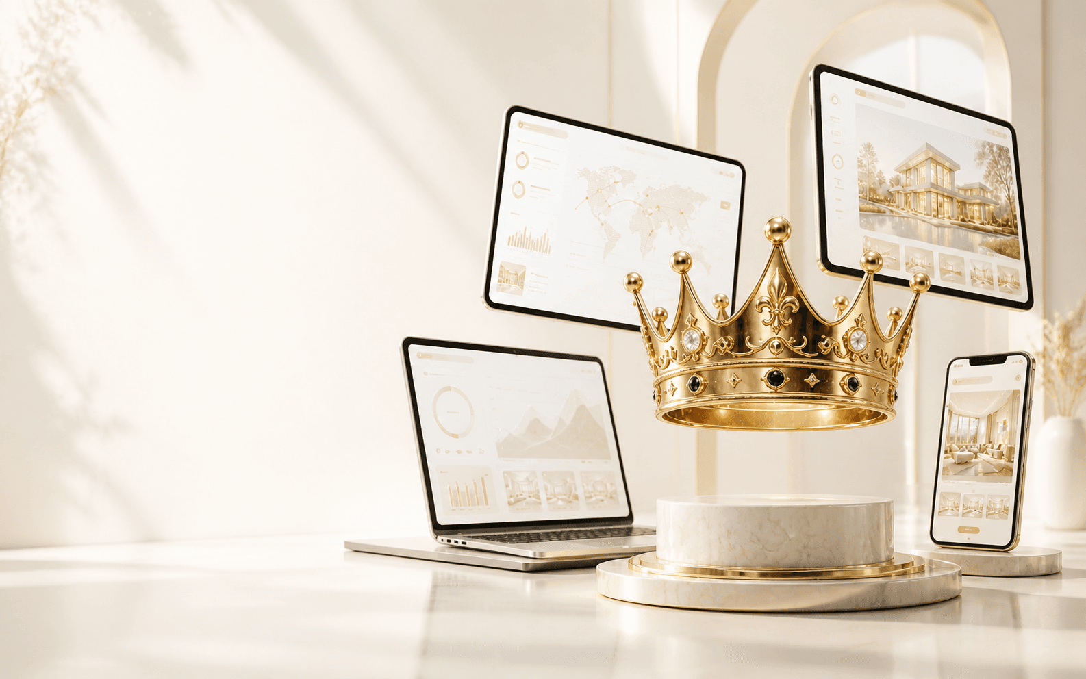 Gold crown surrounded by premium digital devices